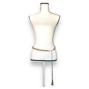 Cara NY Chain Hip Sling Belt Sz OS Gold Tan Faux Leather Tassel Boho Hippie
